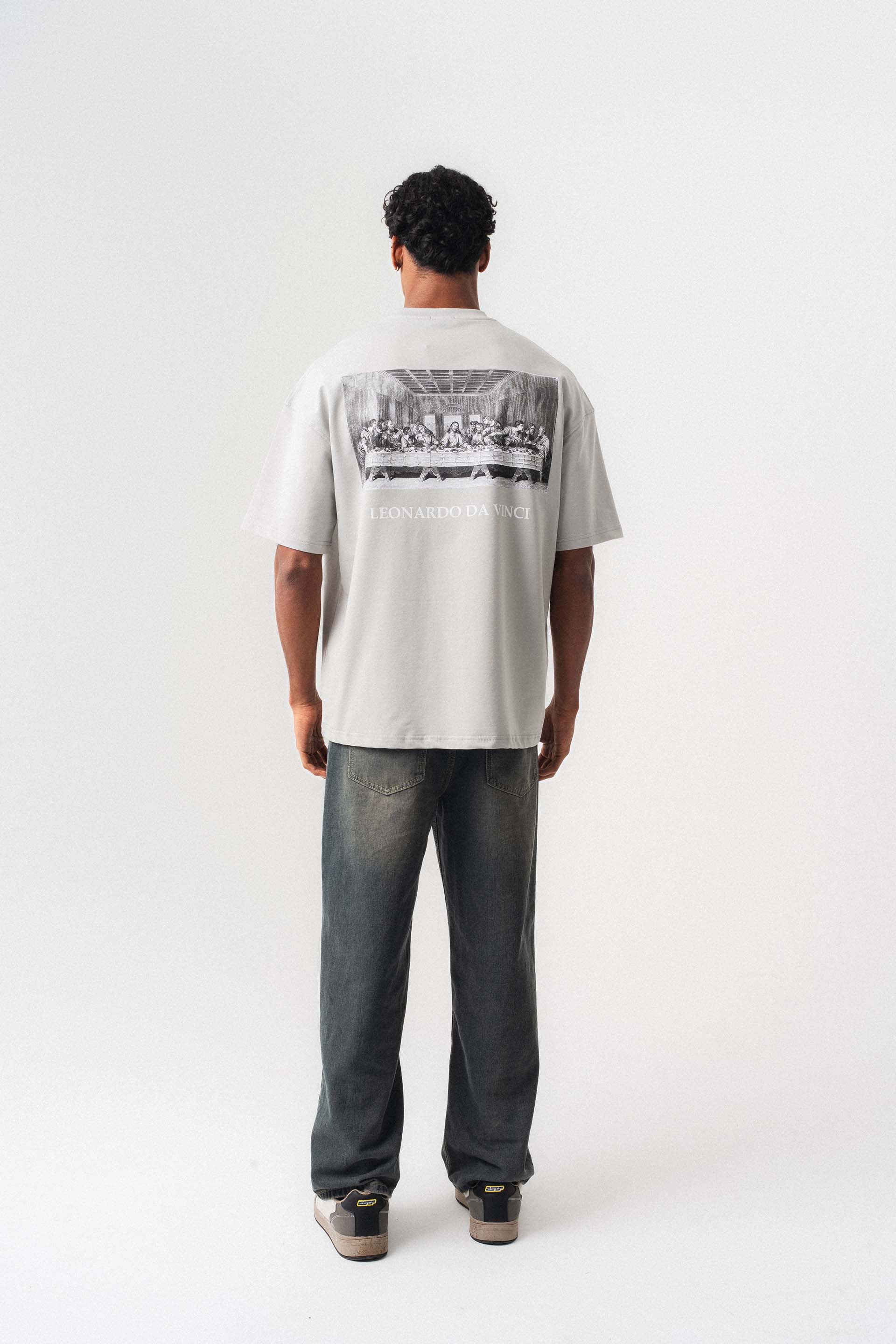 Leonardo Da Vinci Gri Oversize Baskılı T-Shirt