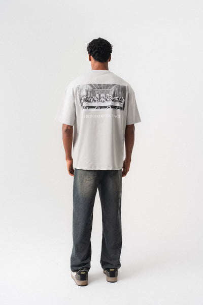 Leonardo Da Vinci Gri Oversize Baskılı T-Shirt
