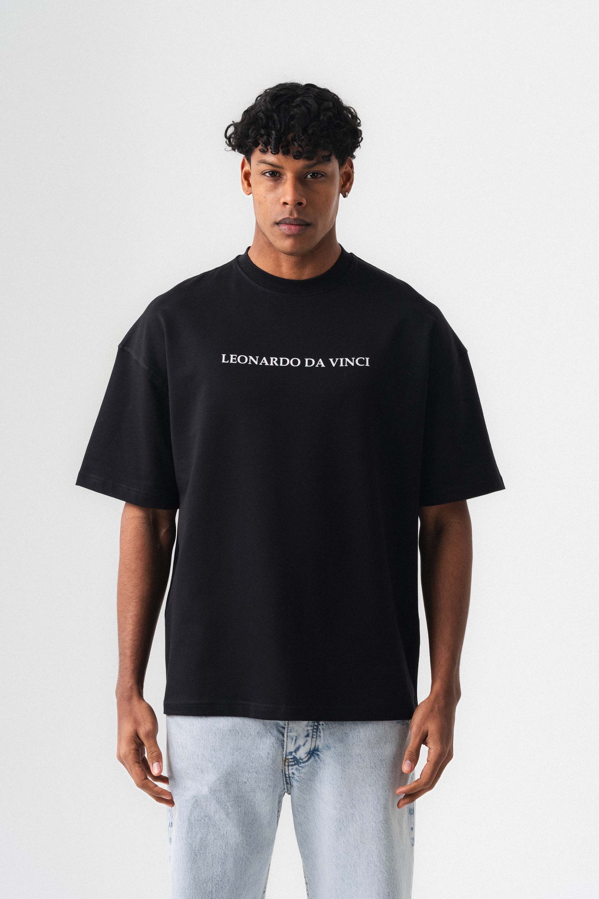 Leonardo Da Vinci Siyah Oversize Baskılı T-Shirt