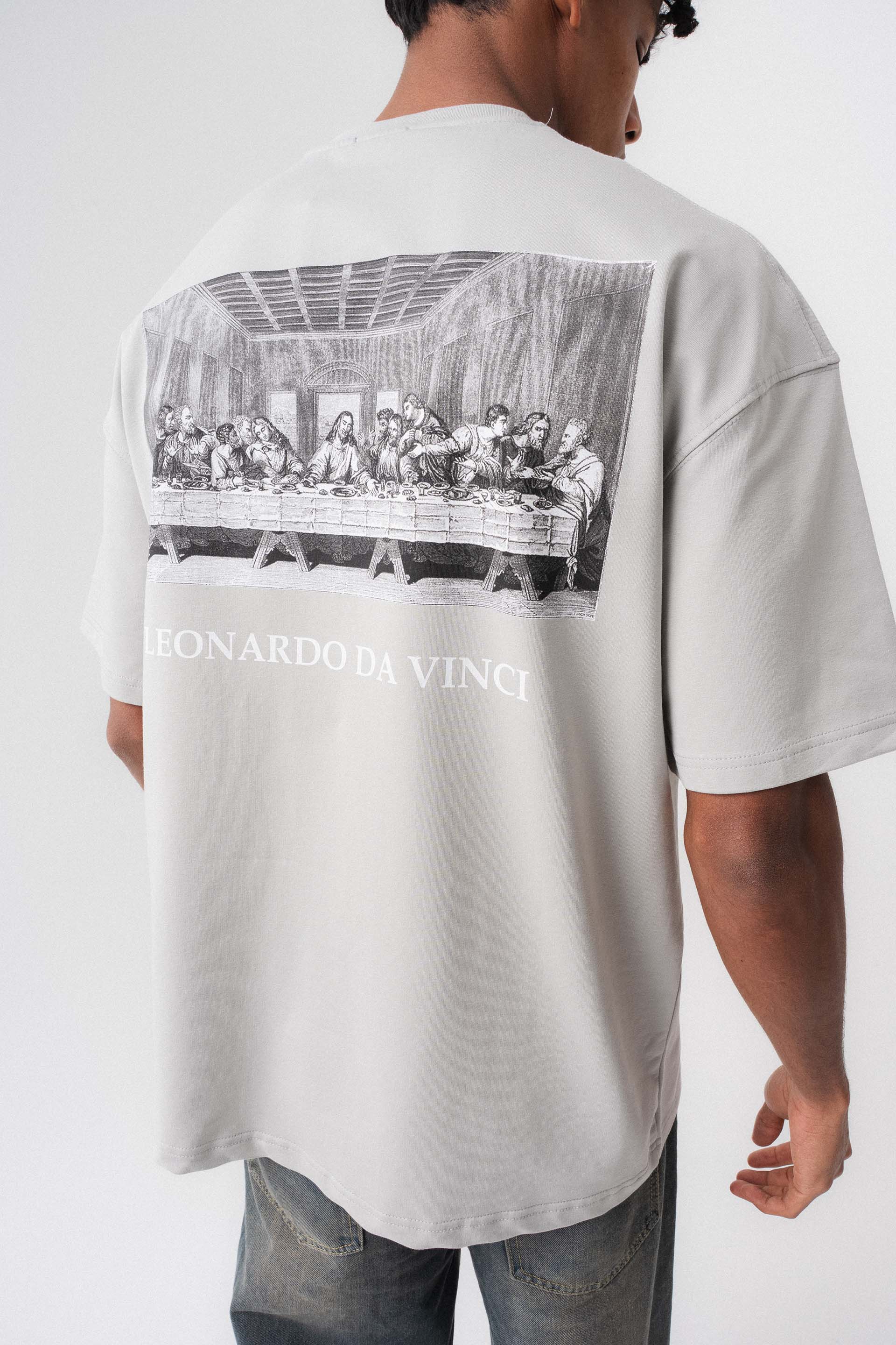 Leonardo Da Vinci Gri Oversize Baskılı T-Shirt