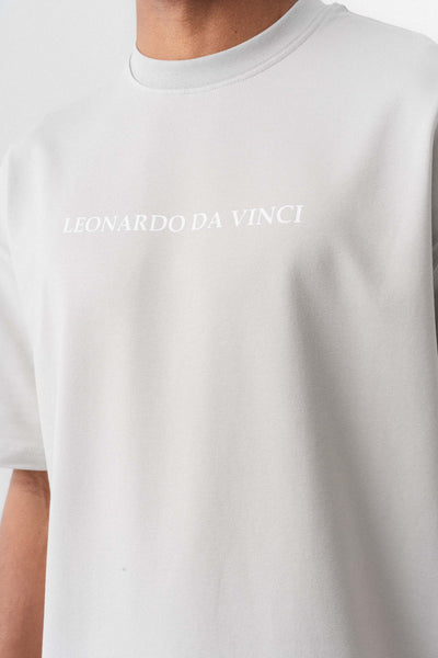 Leonardo Da Vinci Gri Oversize Baskılı T-Shirt