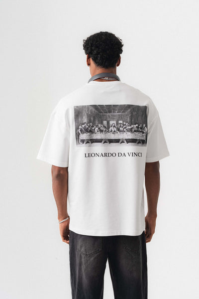 Leonardo Da Vinci Beyaz Oversize Baskılı T-Shirt