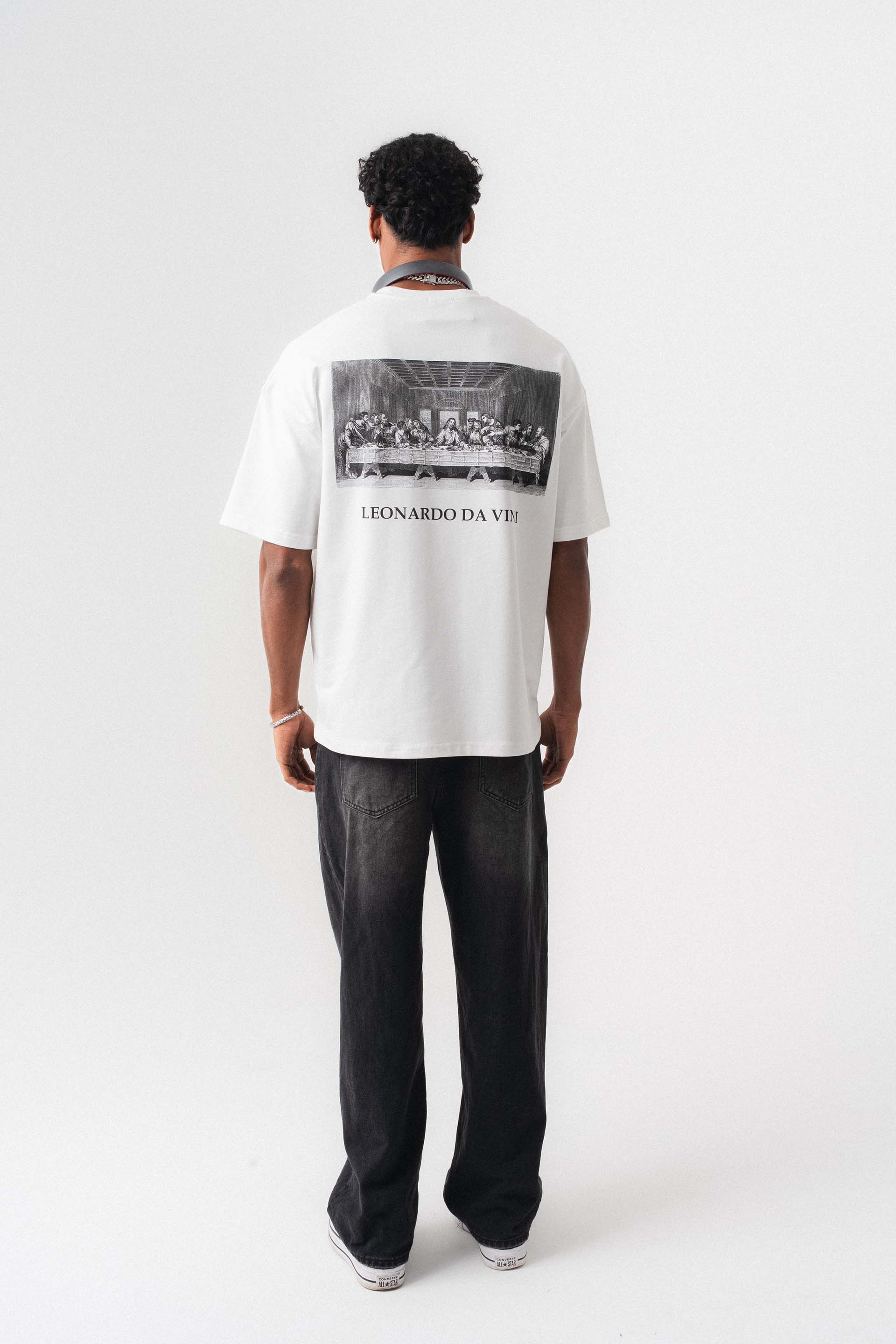 Leonardo Da Vinci Beyaz Oversize Baskılı T-Shirt
