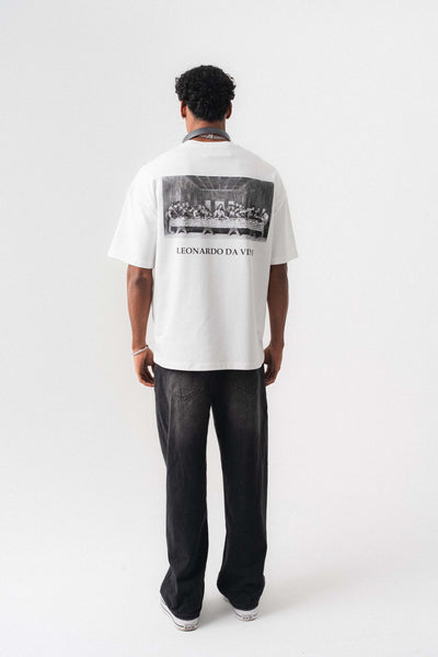 Leonardo Da Vinci Beyaz Oversize Baskılı T-Shirt