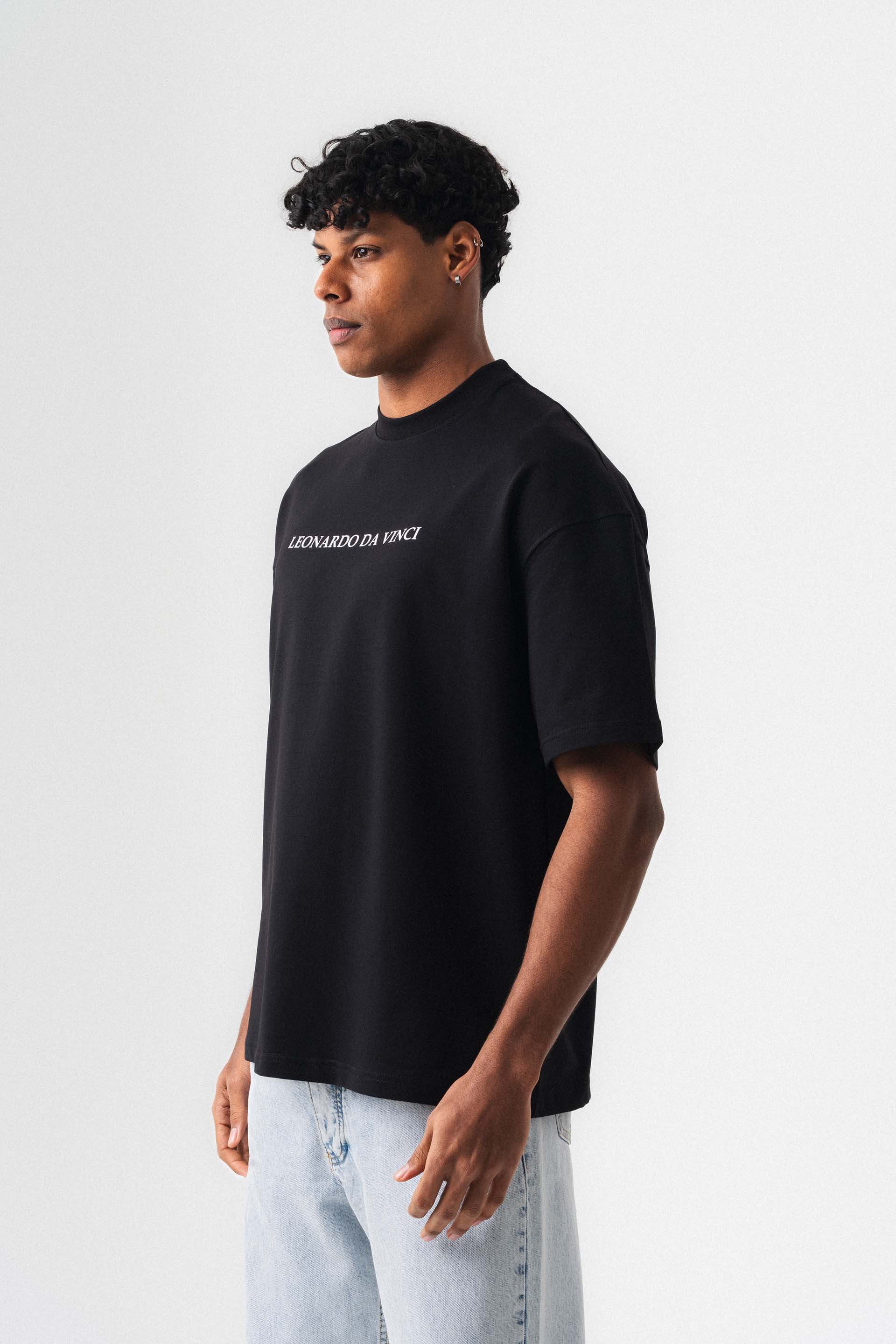 Leonardo Da Vinci Siyah Oversize Baskılı T-Shirt