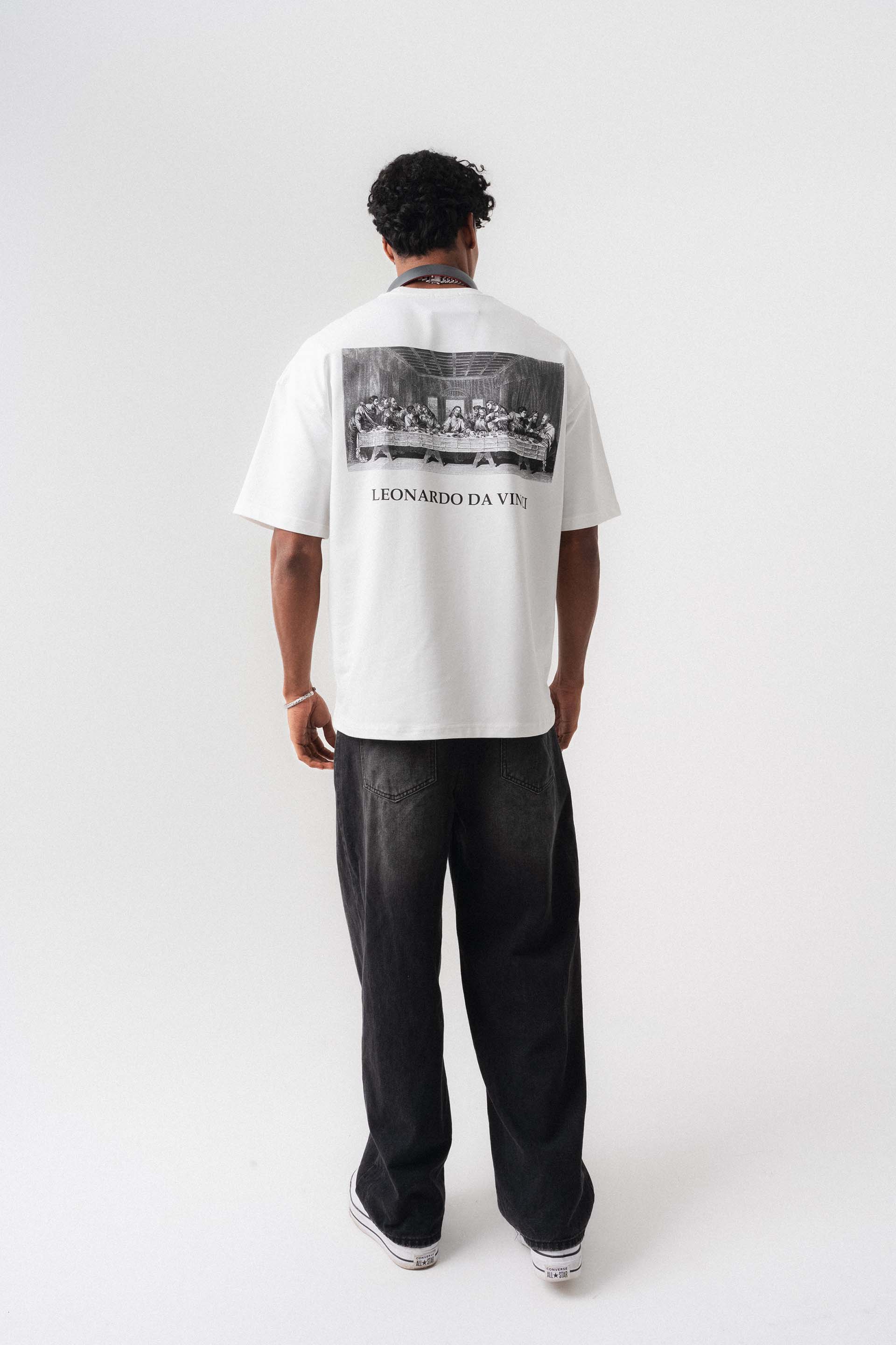 Leonardo Da Vinci Beyaz Oversize Baskılı T-Shirt
