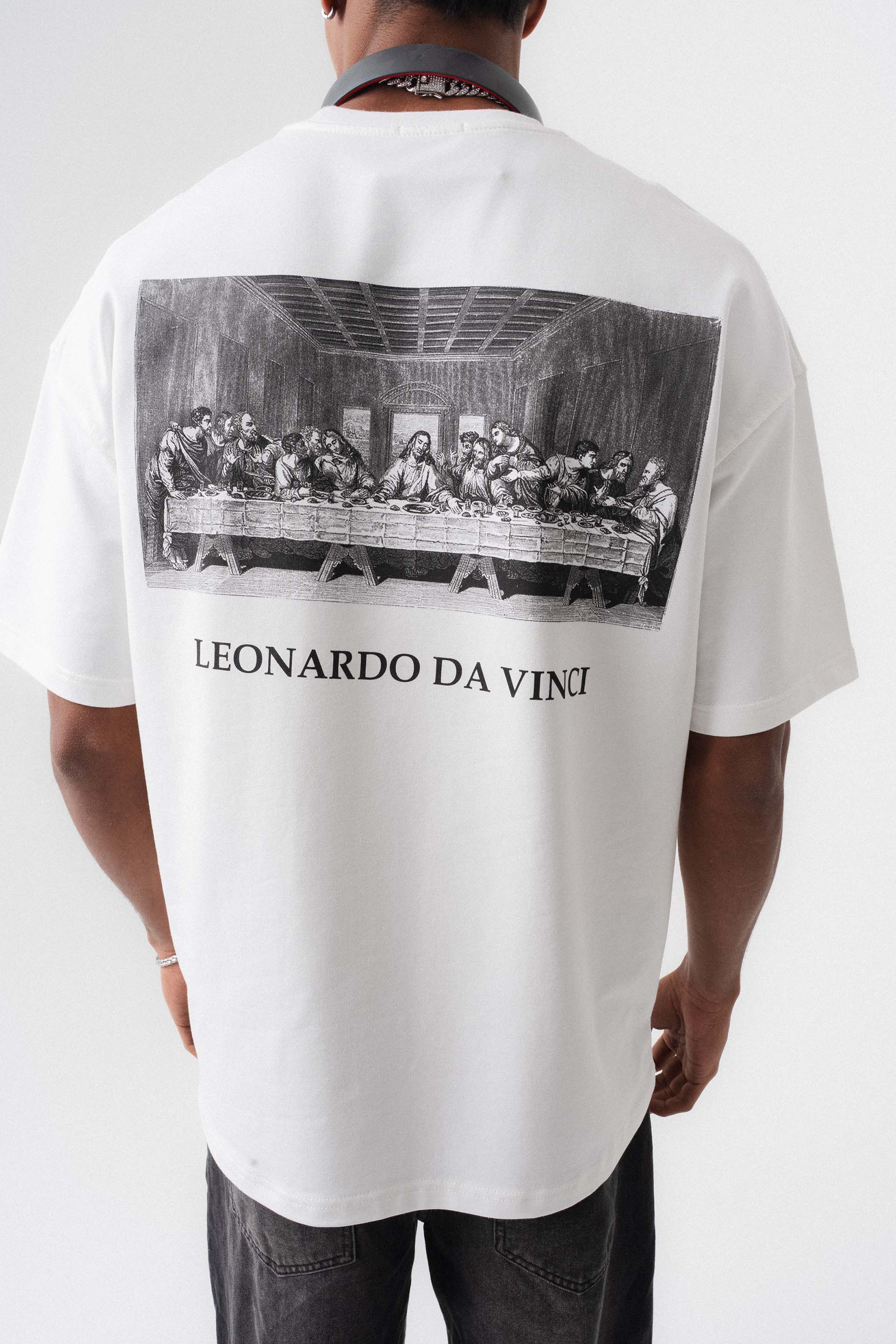 Leonardo Da Vinci Beyaz Oversize Baskılı T-Shirt
