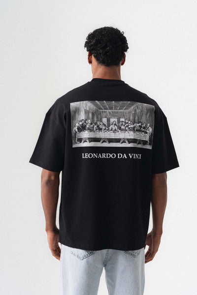Leonardo Da Vinci Siyah Oversize Baskılı T-Shirt