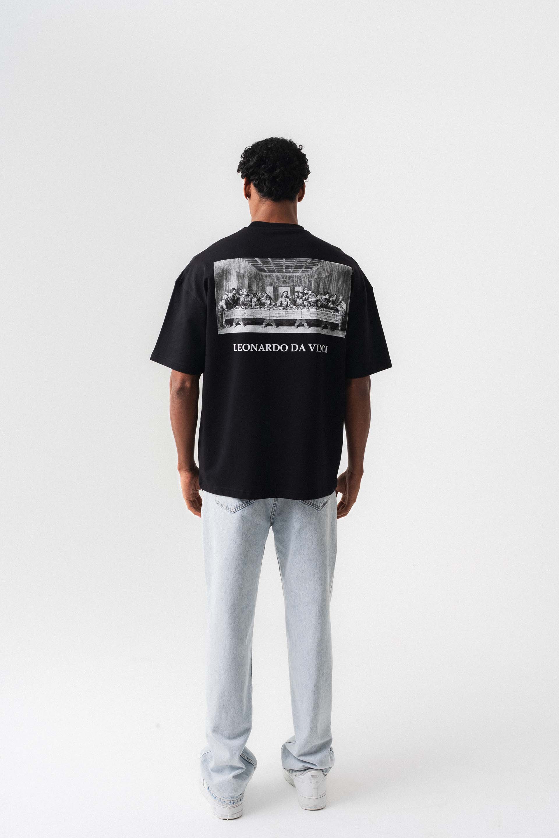 Leonardo Da Vinci Siyah Oversize Baskılı T-Shirt