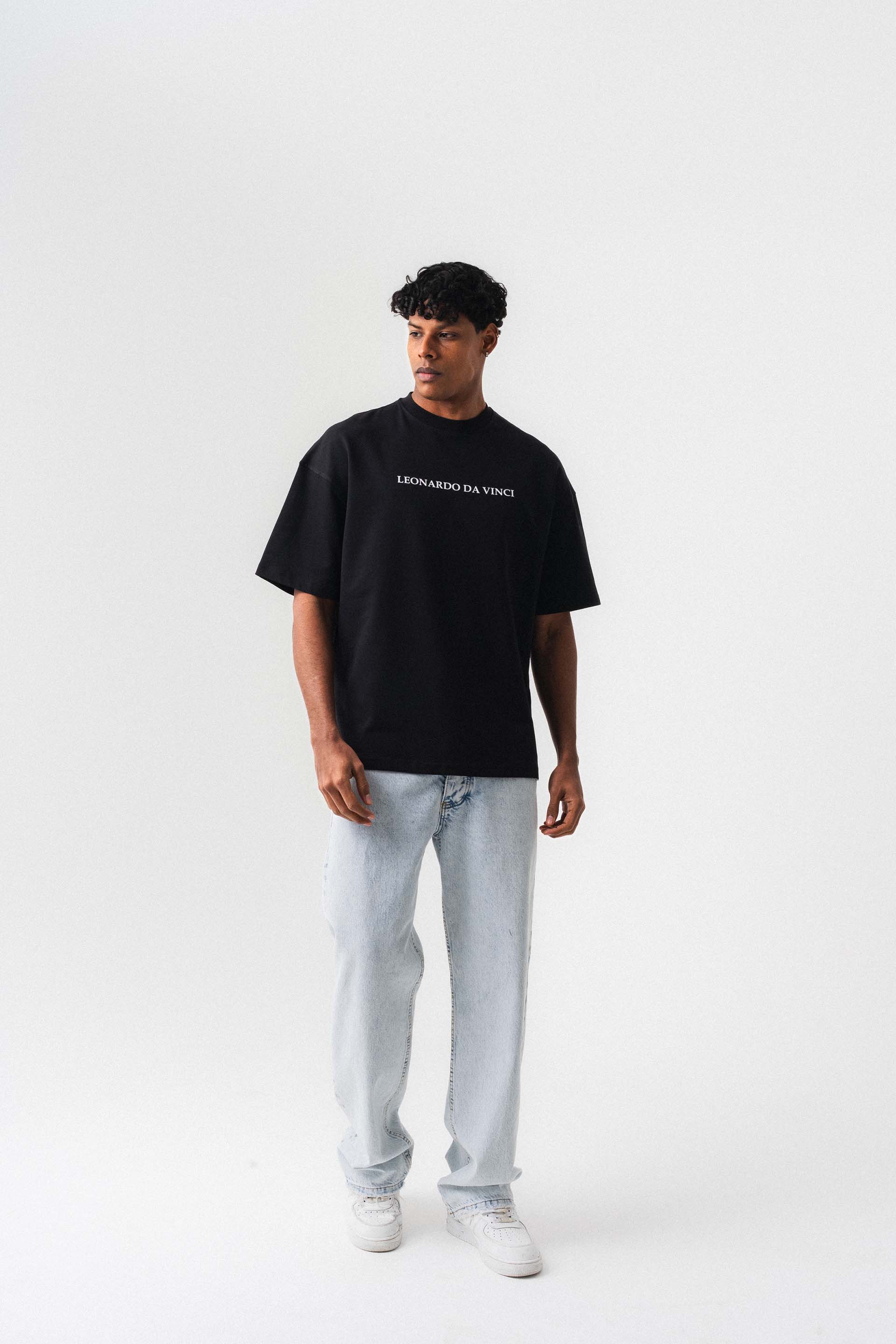 Leonardo Da Vinci Siyah Oversize Baskılı T-Shirt