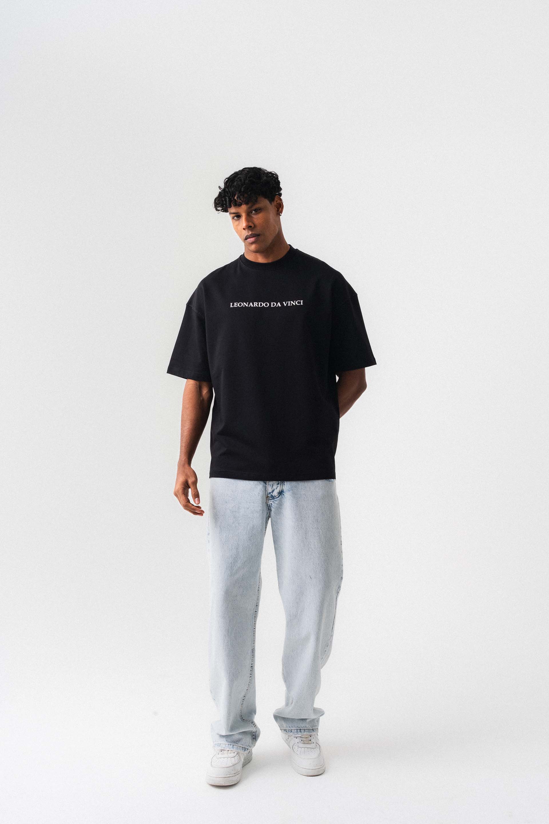 Leonardo Da Vinci Siyah Oversize Baskılı T-Shirt