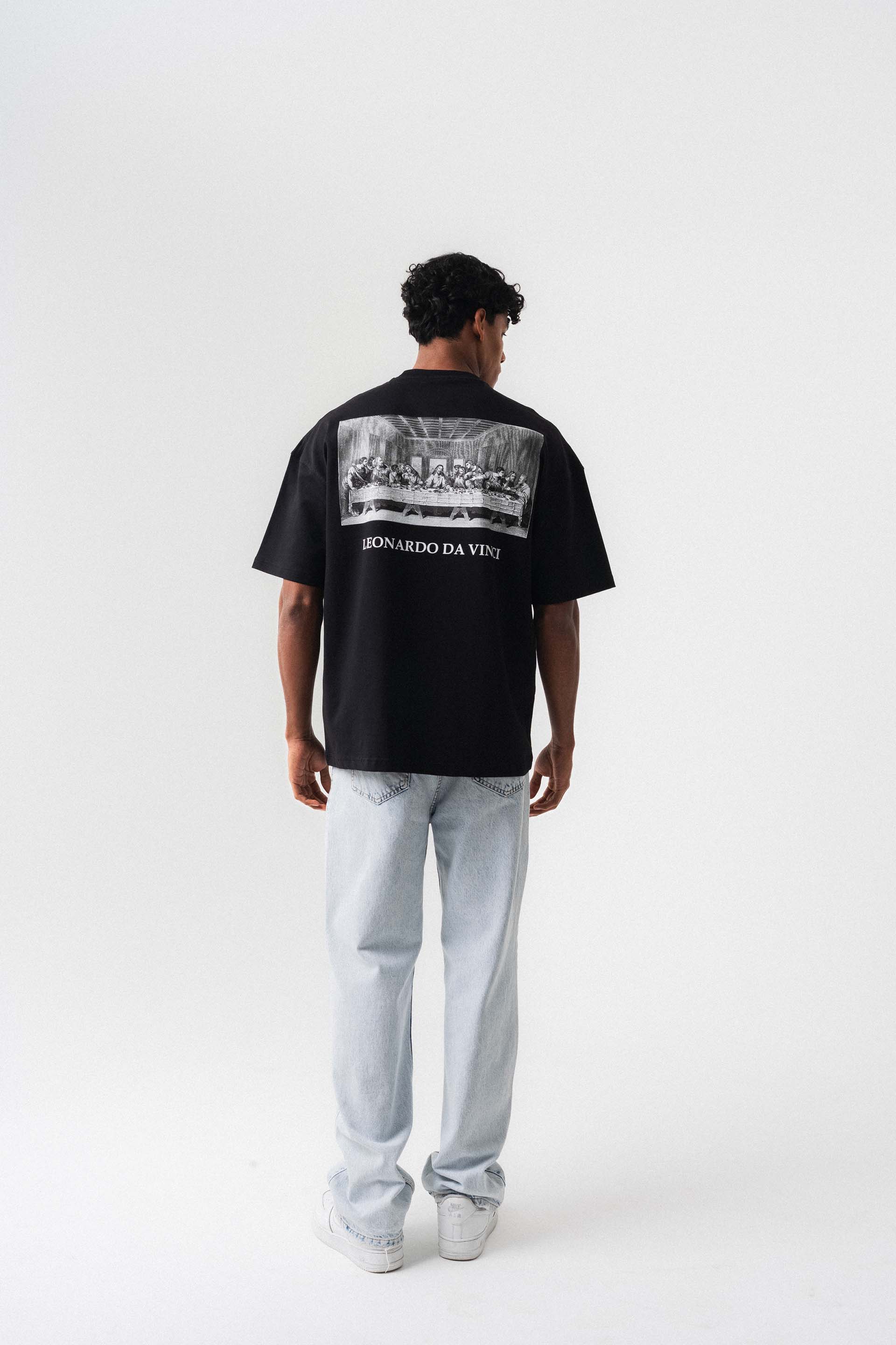 Leonardo Da Vinci Siyah Oversize Baskılı T-Shirt