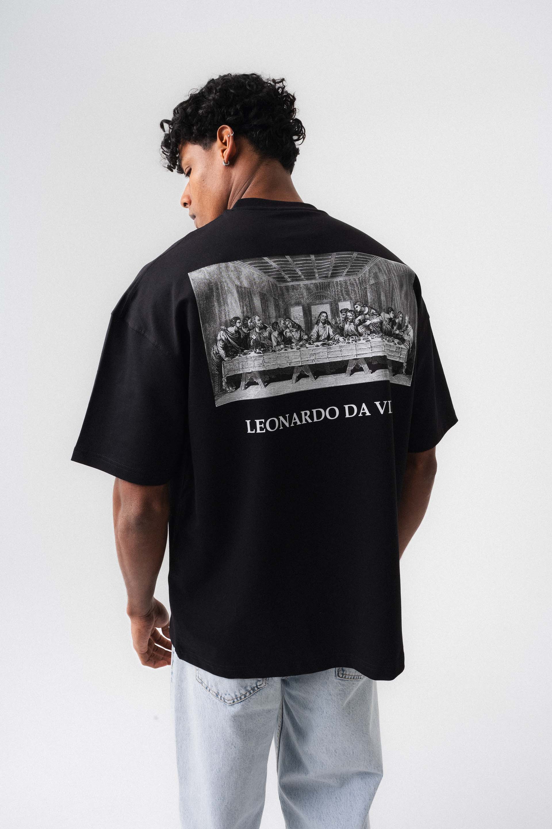 Leonardo Da Vinci Siyah Oversize Baskılı T-Shirt