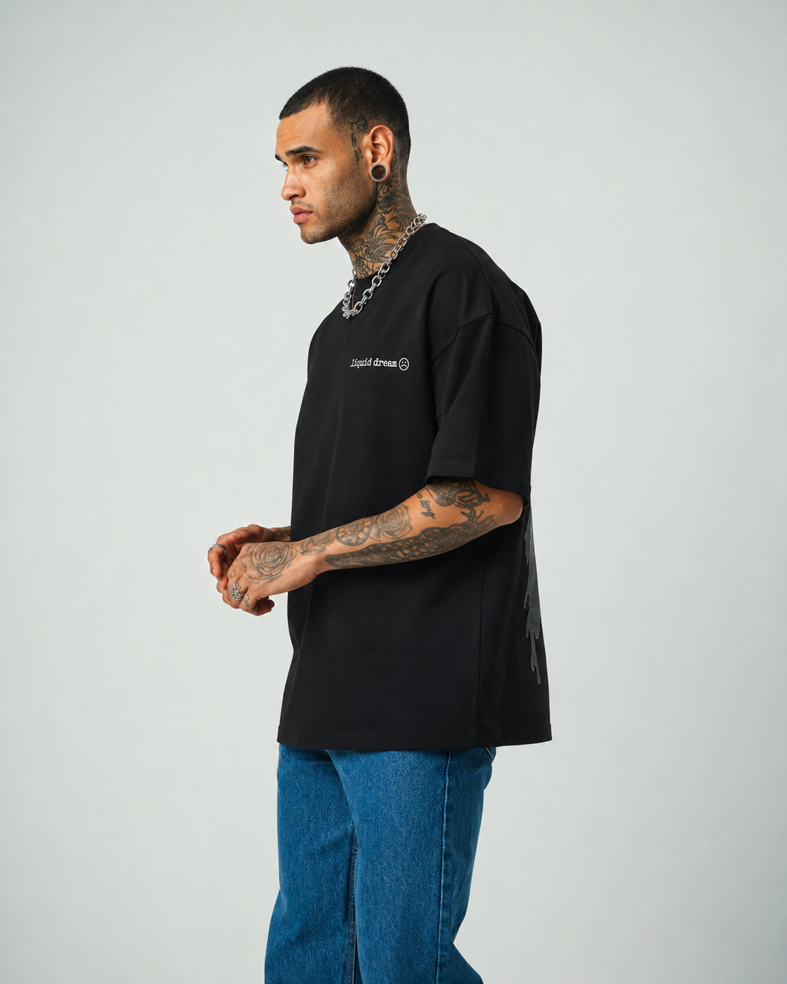 Liquid Dream Baskılı Siyah Oversize T-Shirt