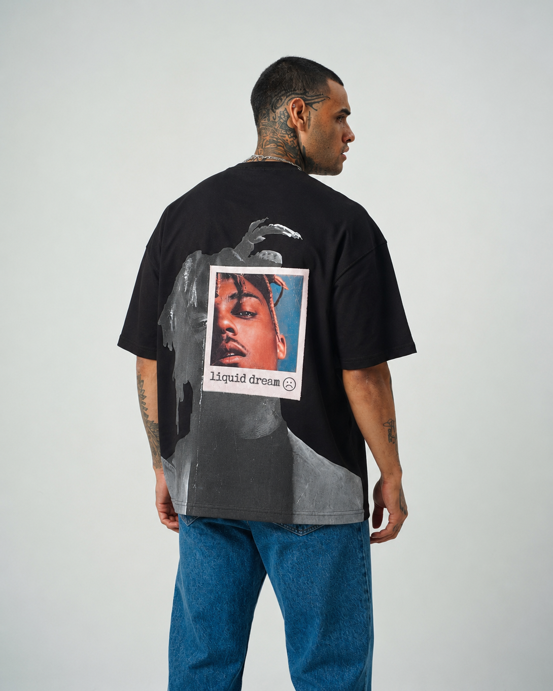 Liquid Dream Baskılı Siyah Oversize T-Shirt