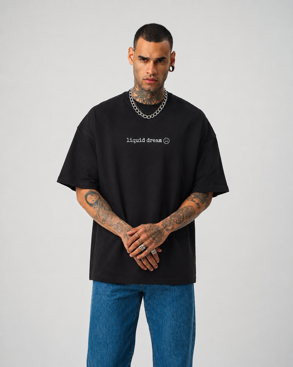 Liquid Dream Baskılı Siyah Oversize T-Shirt