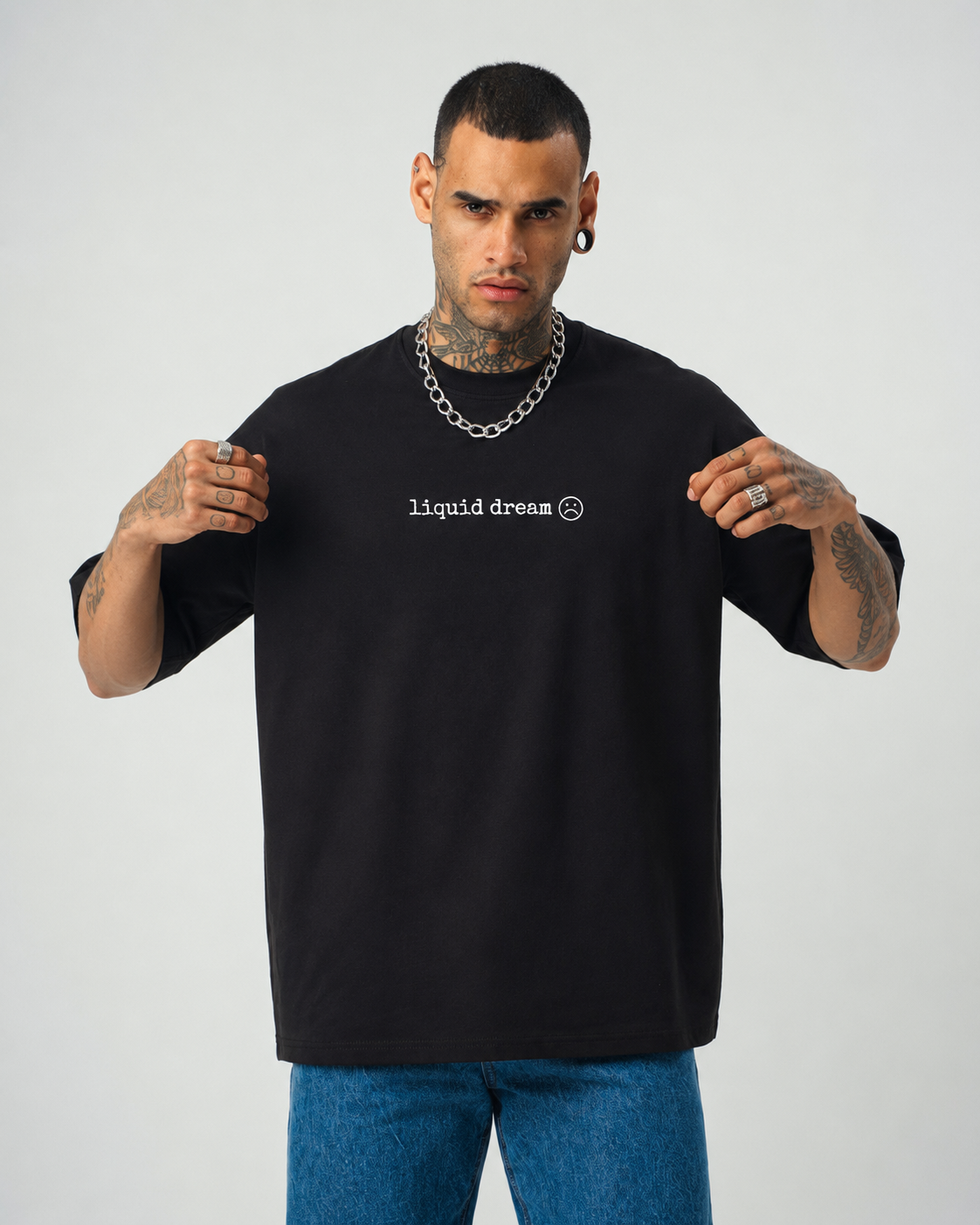 Liquid Dream Baskılı Siyah Oversize T-Shirt
