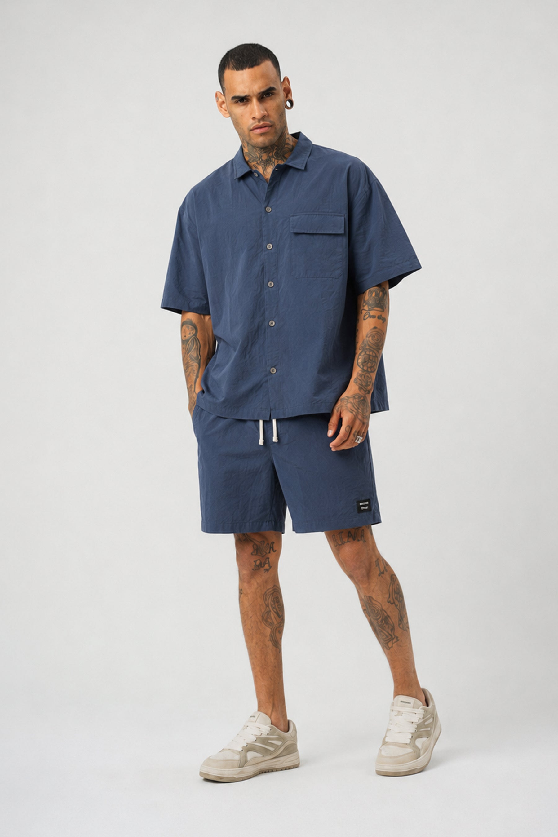 Ketenli Nakışlı Regular Fit Şort & Gömlek Navy Mavi Takım