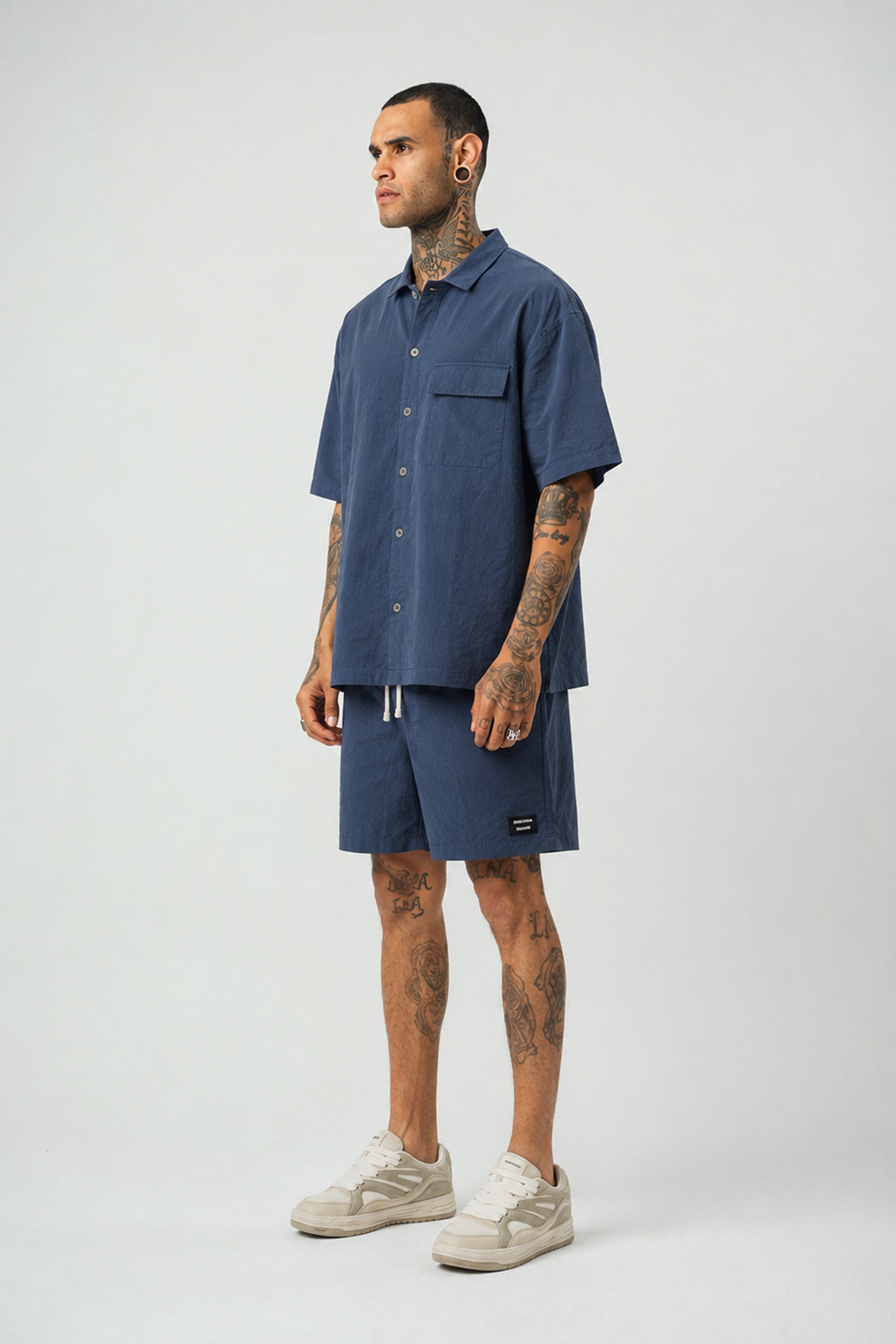 Ketenli Nakışlı Regular Fit Şort & Gömlek Navy Mavi Takım