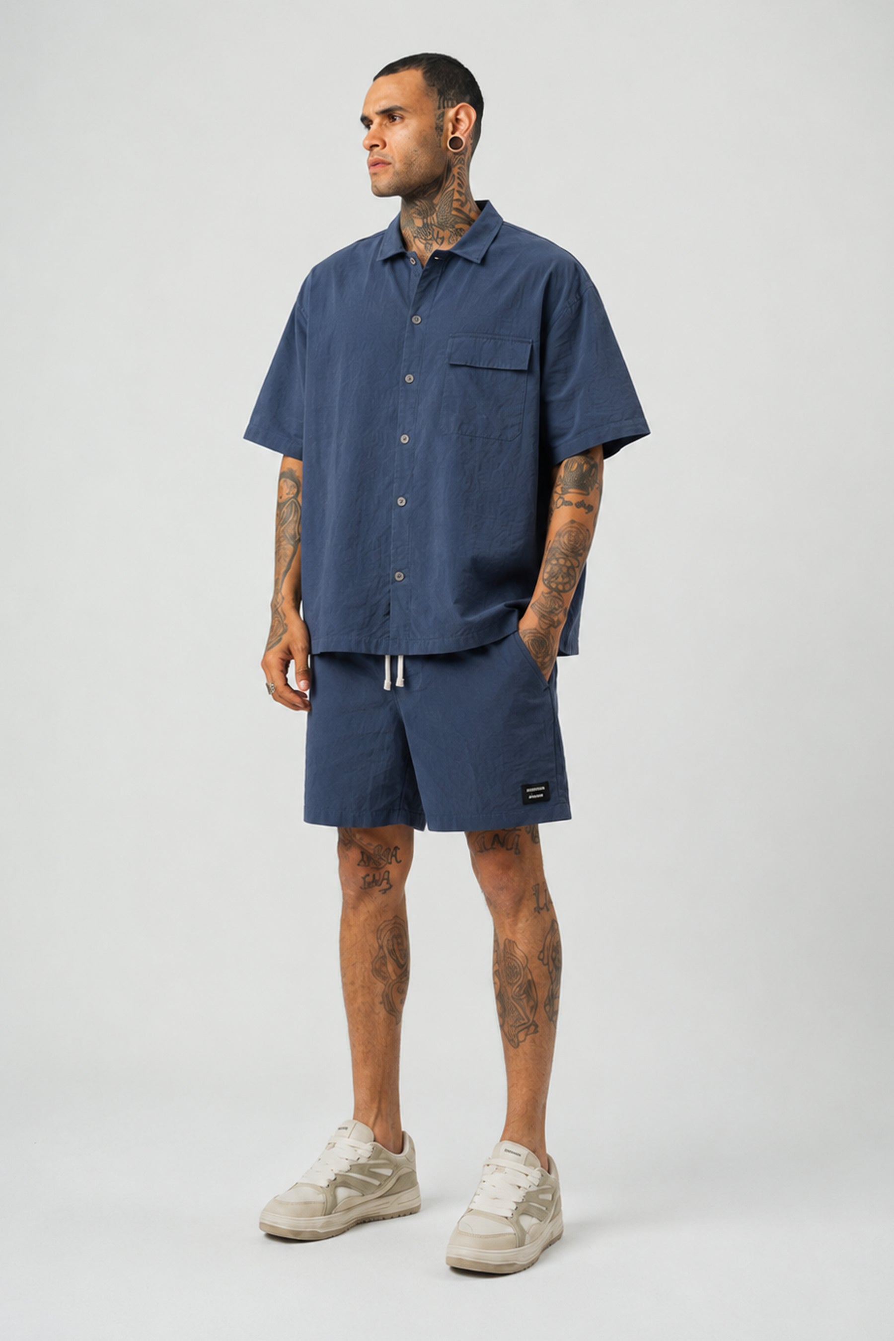 Ketenli Nakışlı Regular Fit Şort & Gömlek Navy Mavi Takım