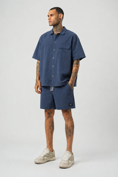 Ketenli Nakışlı Regular Fit Şort & Gömlek Navy Mavi Takım