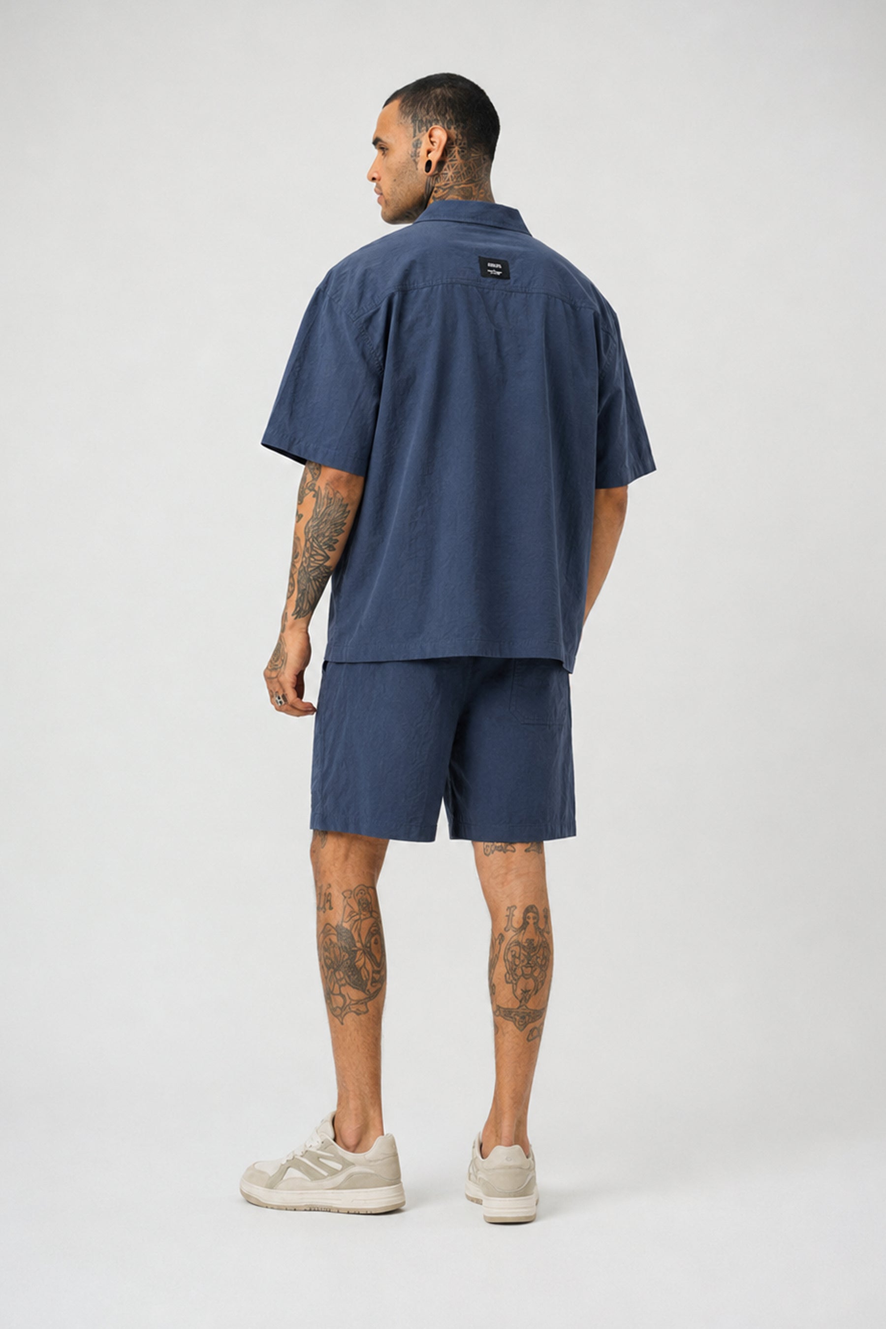 Ketenli Nakışlı Regular Fit Şort & Gömlek Navy Mavi Takım