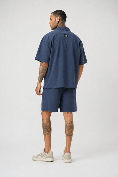 Ketenli Nakışlı Regular Fit Şort & Gömlek Navy Mavi Takım