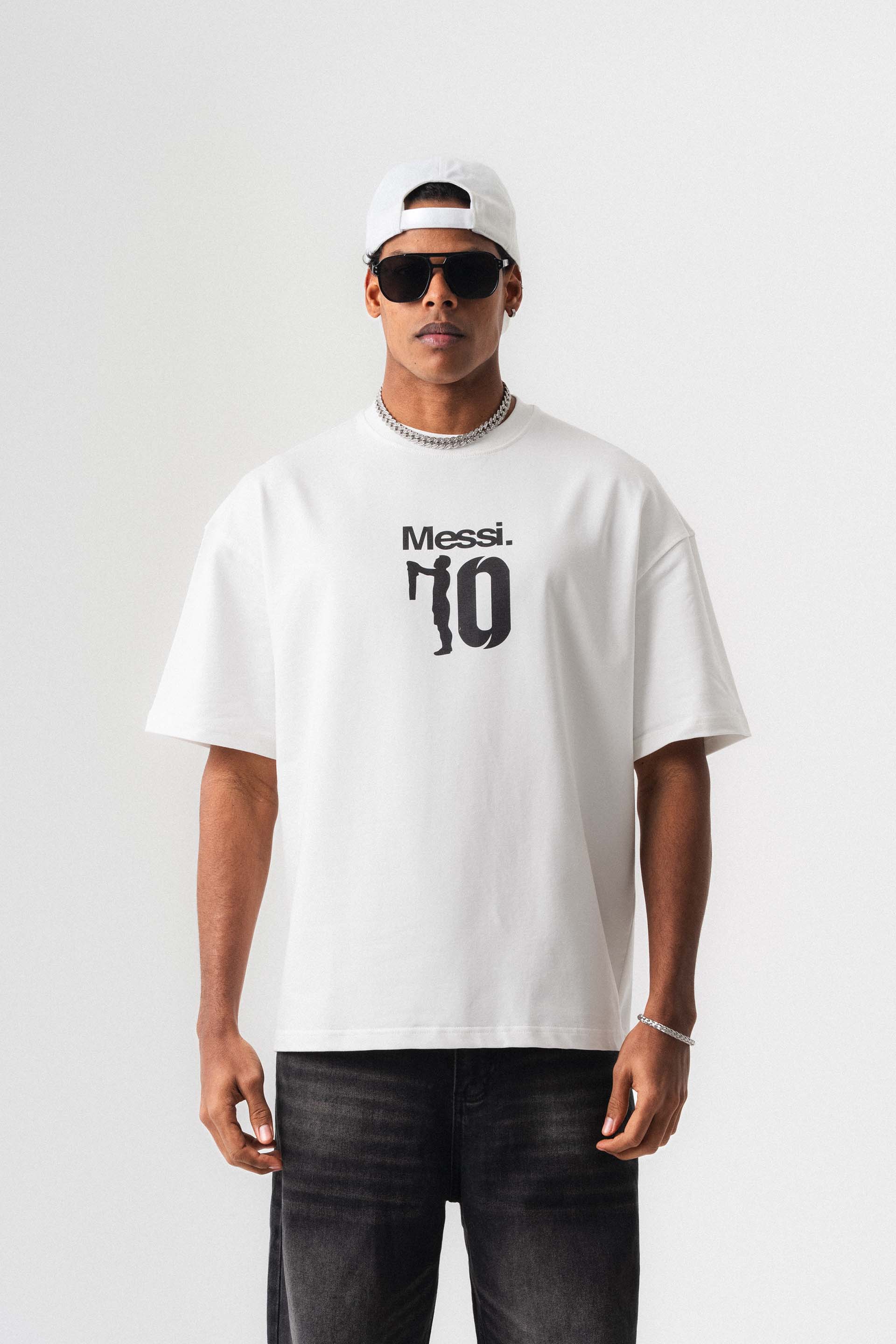 Messi 10 Beyaz Oversize Baskılı T-Shirt