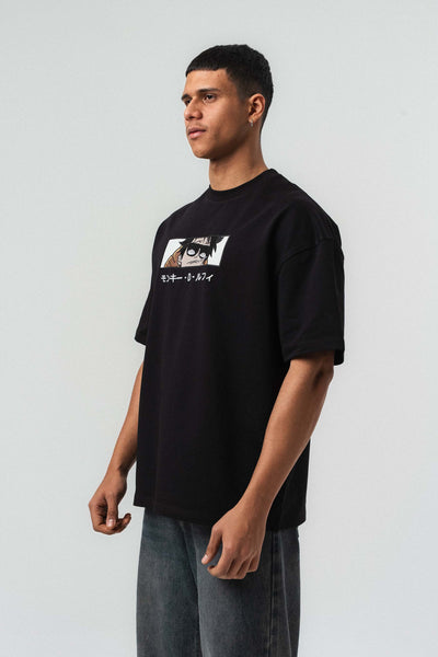 Monkey D Luffy Nakışlı Siyah Oversize Baskılı T-Shirt