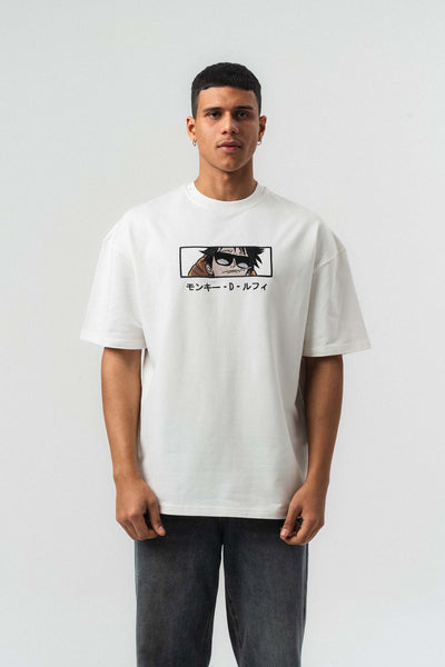 Monkey D Luffy Nakışlı Beyaz Oversize Baskılı T-Shirt