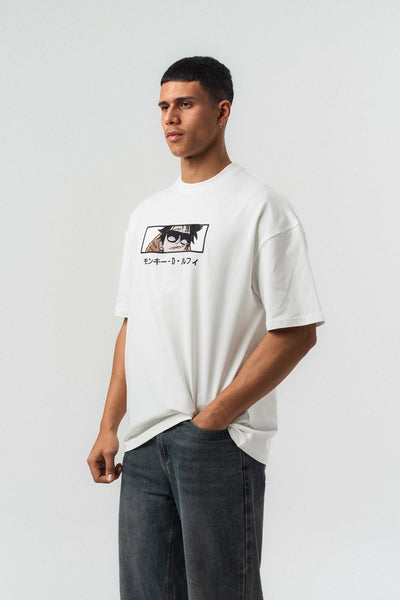 Monkey D Luffy Nakışlı Beyaz Oversize Baskılı T-Shirt