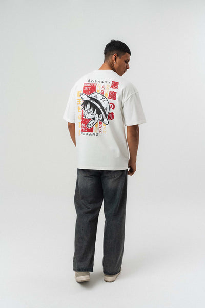 Monkey D Luffy Nakışlı Beyaz Oversize Baskılı T-Shirt