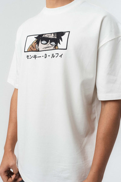 Monkey D Luffy Nakışlı Beyaz Oversize Baskılı T-Shirt