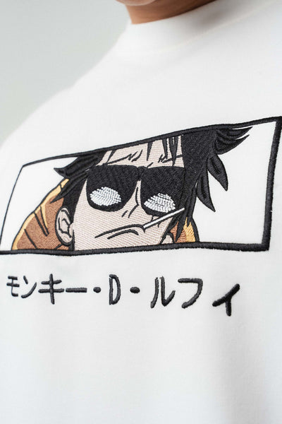 Monkey D Luffy Nakışlı Beyaz Oversize Baskılı T-Shirt