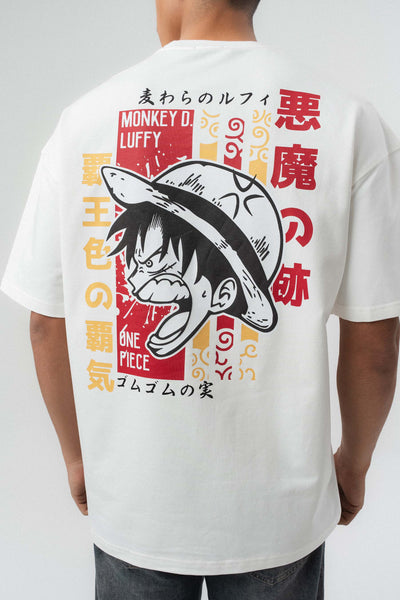 Monkey D Luffy Nakışlı Beyaz Oversize Baskılı T-Shirt