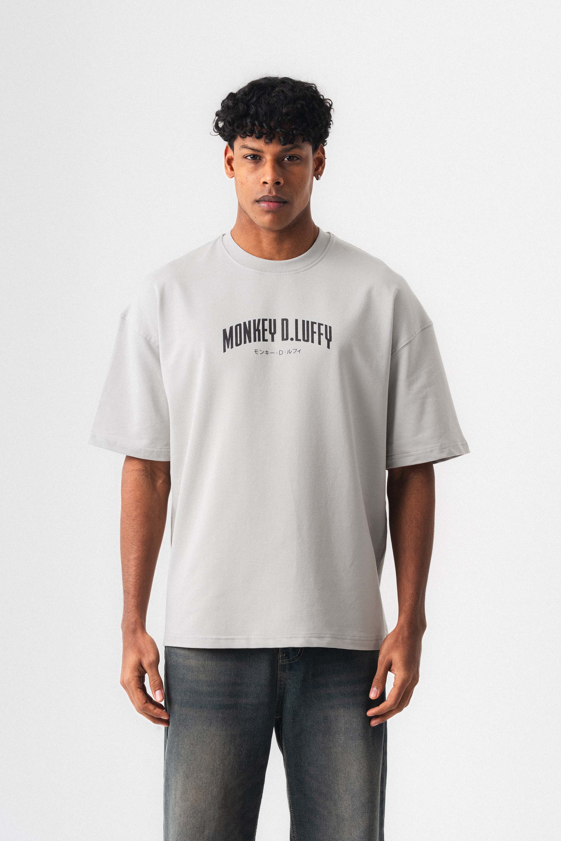 Monkey D-Luffy Gri Oversize Baskılı T-Shirt