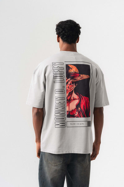 Monkey D-Luffy Gri Oversize Baskılı T-Shirt