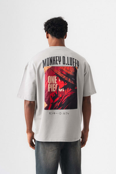 Monkey D-Luffy Gri Oversize Baskılı T-Shirt