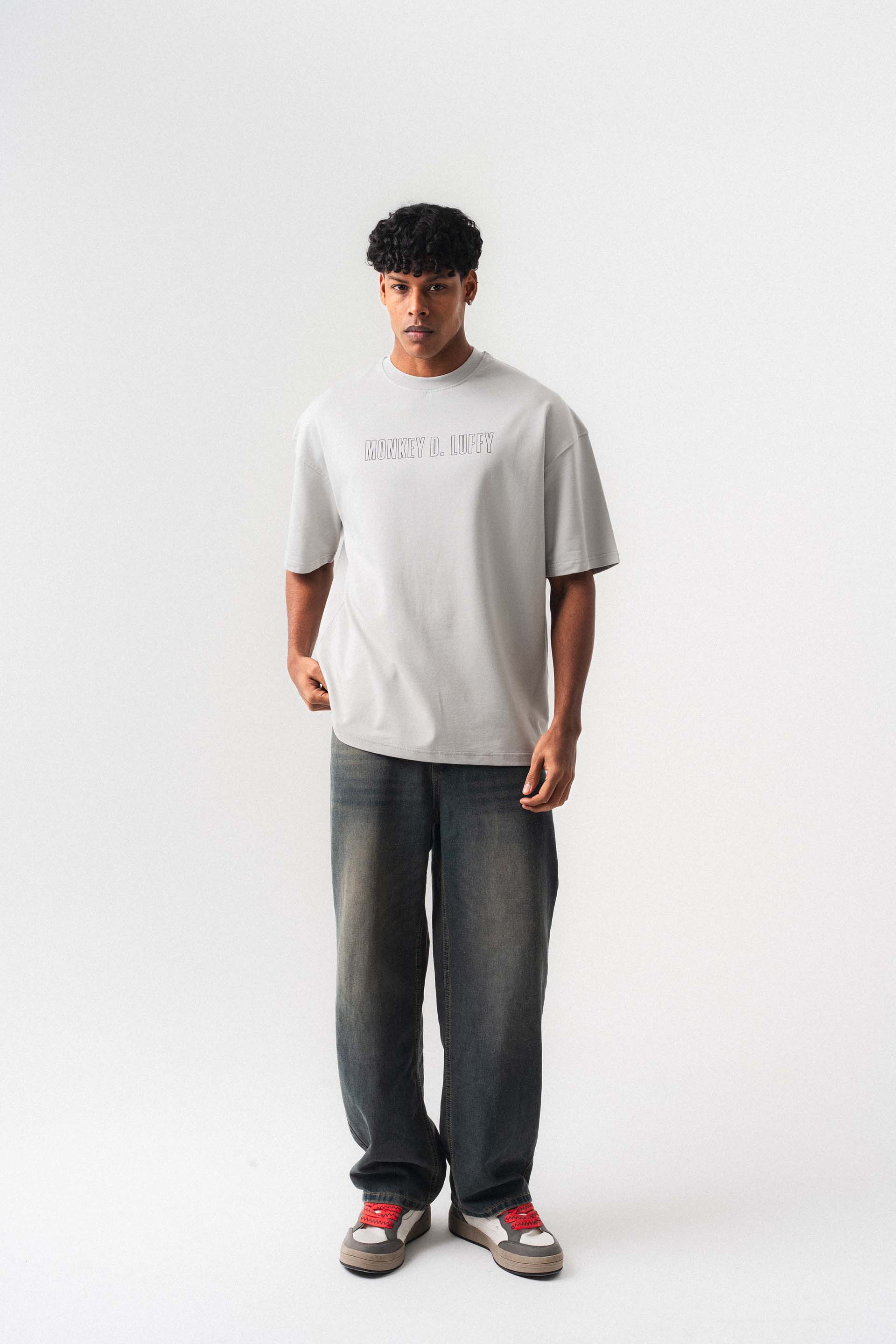Monkey D-Luffy Gri Oversize Baskılı T-Shirt