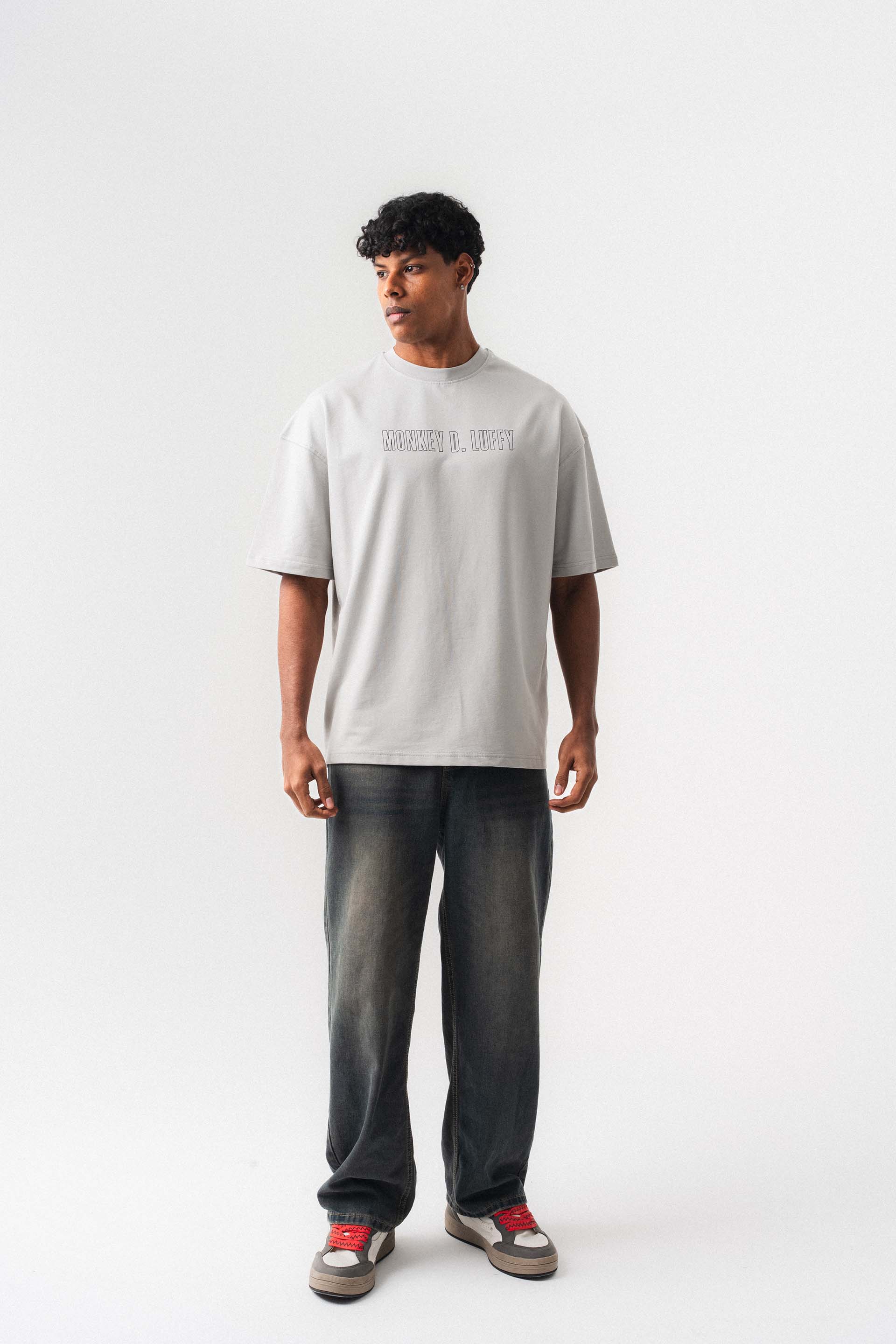 Monkey D-Luffy Gri Oversize Baskılı T-Shirt