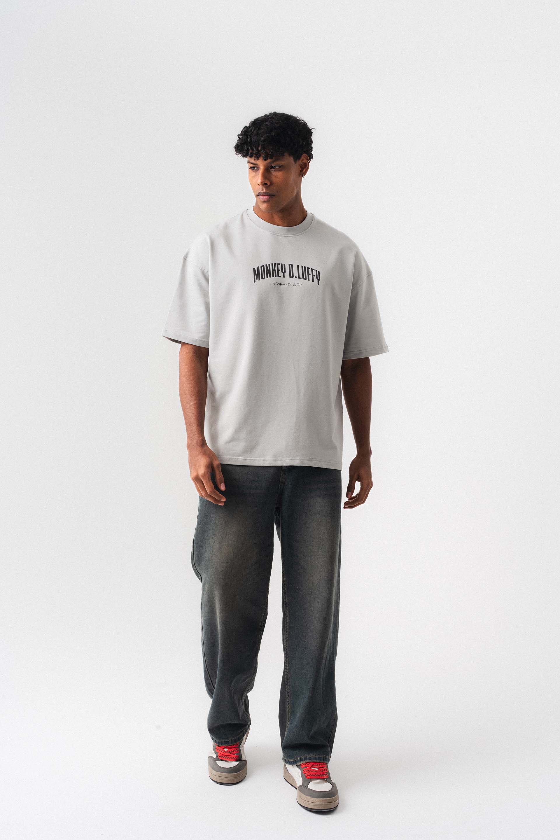 Monkey D-Luffy Gri Oversize Baskılı T-Shirt