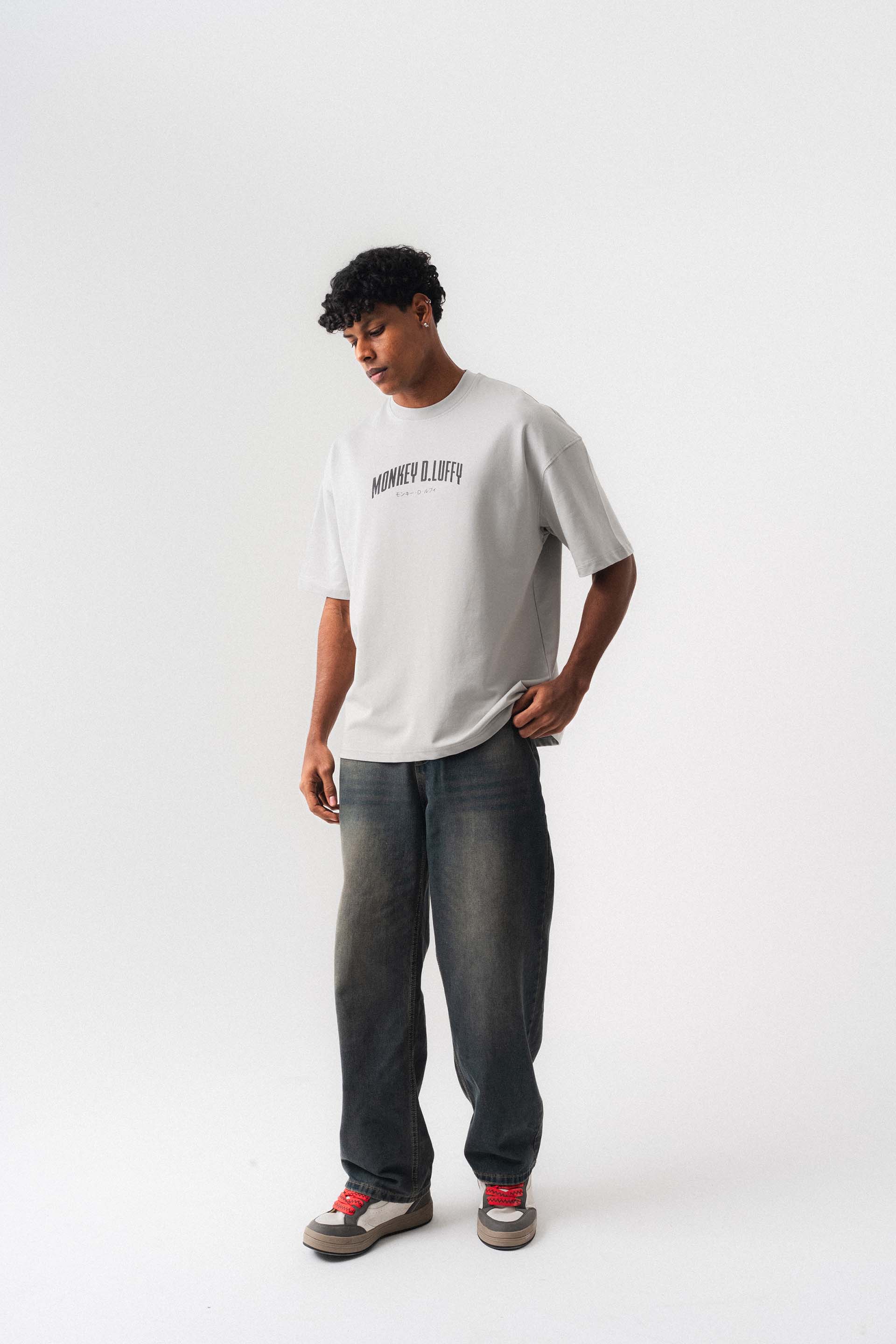 Monkey D-Luffy Gri Oversize Baskılı T-Shirt