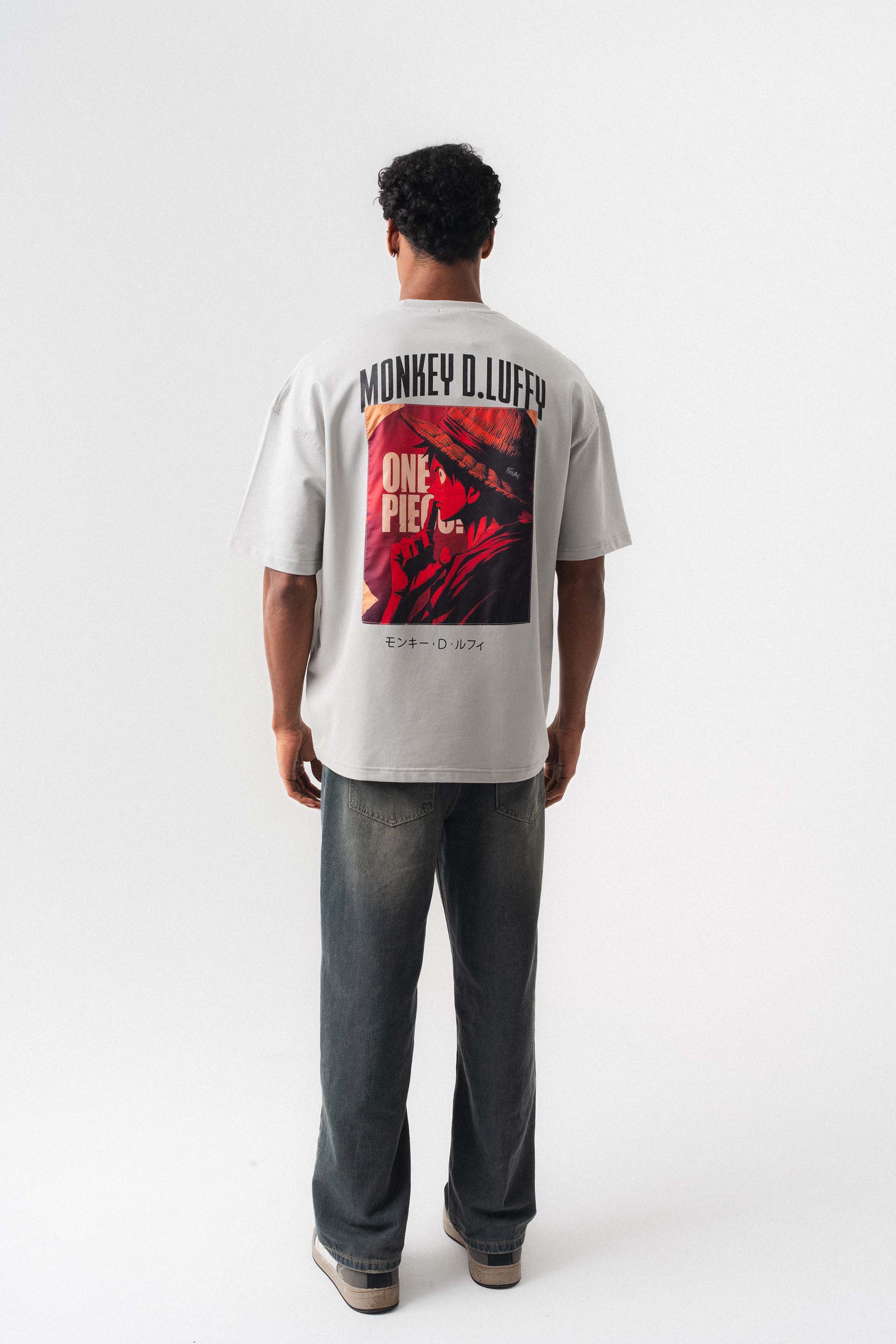 Monkey D-Luffy Gri Oversize Baskılı T-Shirt