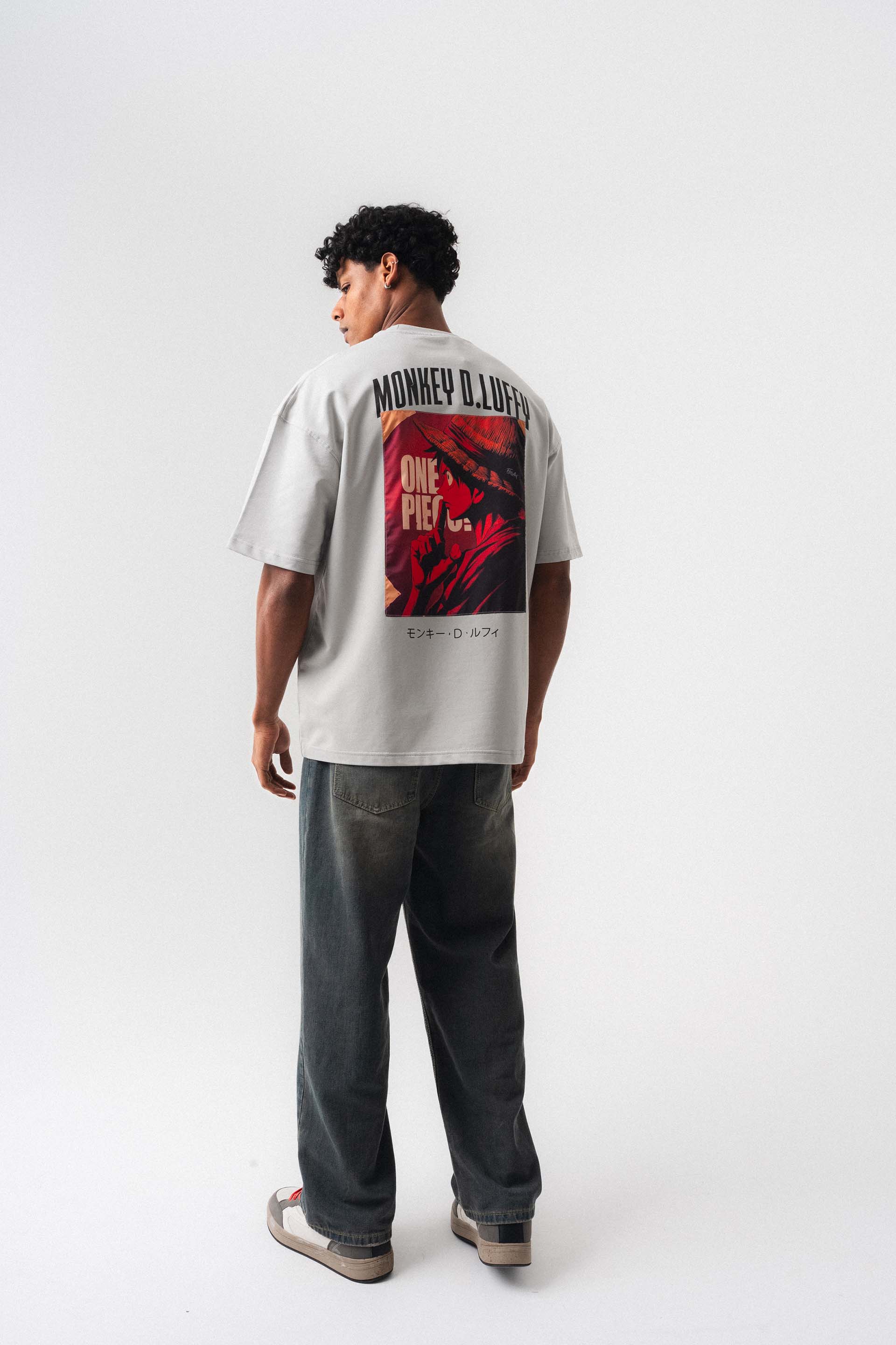 Monkey D-Luffy Gri Oversize Baskılı T-Shirt