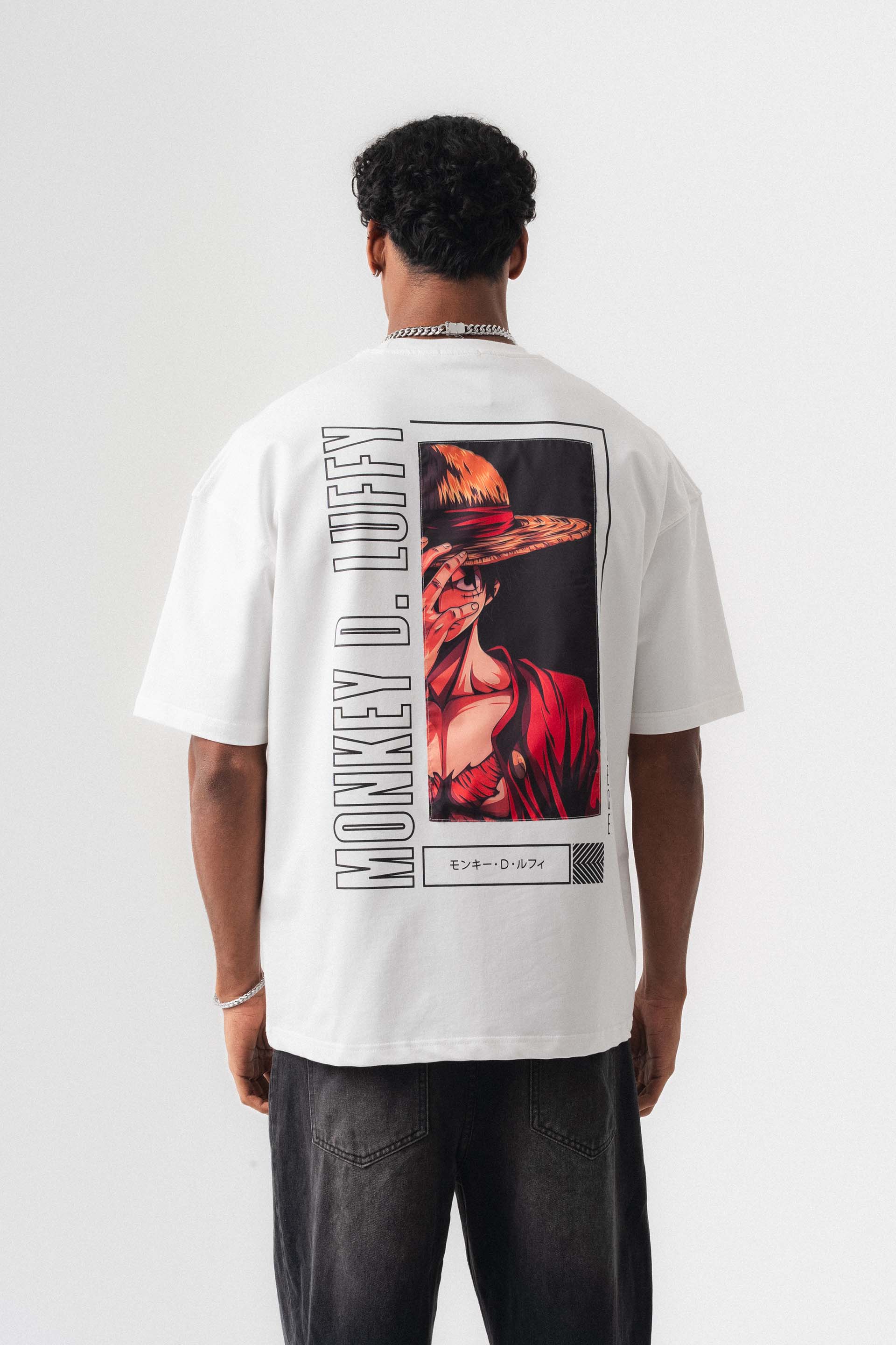Monkey D-Luffy Baskılı Beyaz Oversize Baskılı T-Shirt