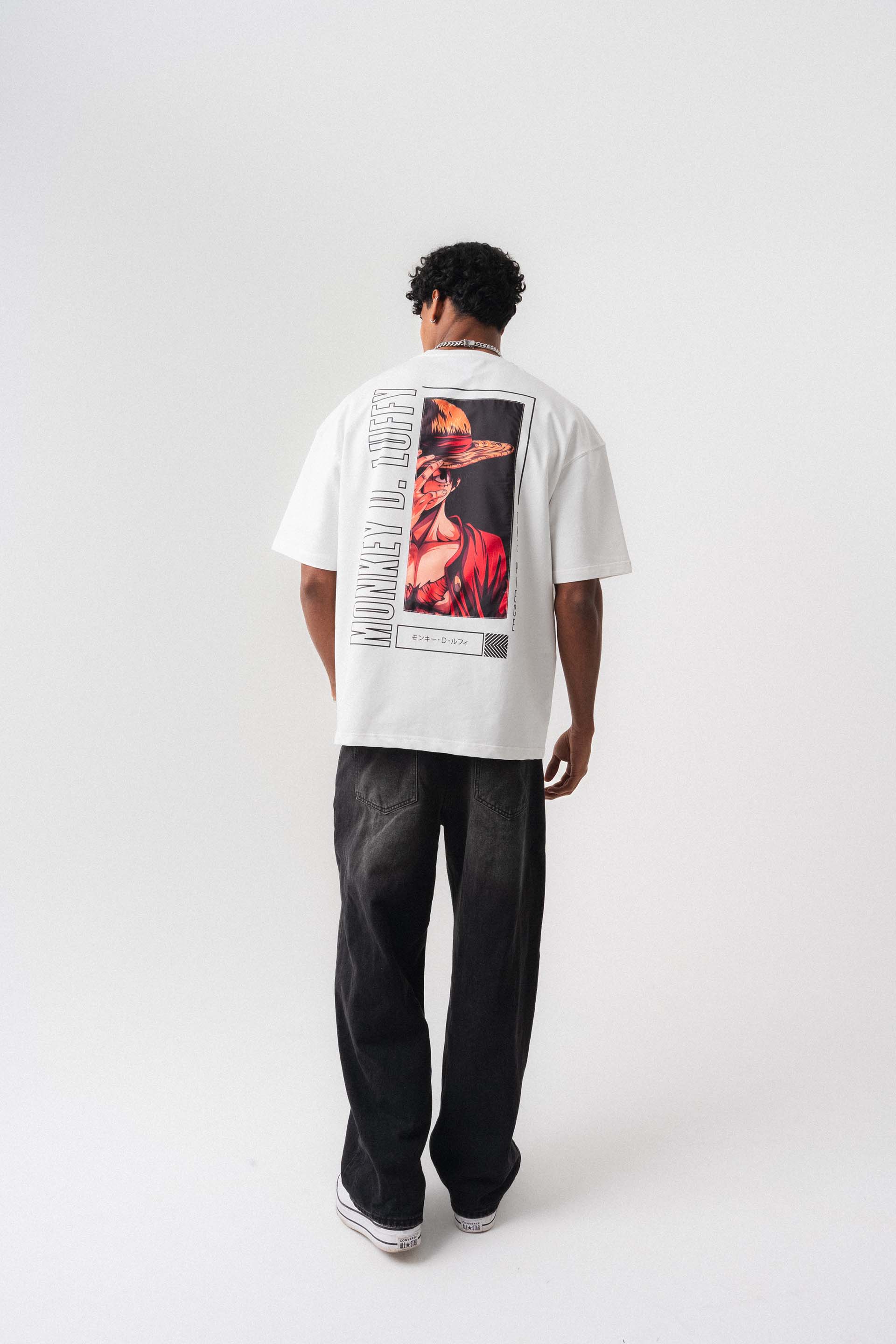 Monkey D-Luffy Baskılı Beyaz Oversize Baskılı T-Shirt