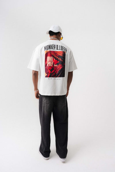 Monkey D-Luffy Baskılı Beyaz Oversize Baskılı T-Shirt