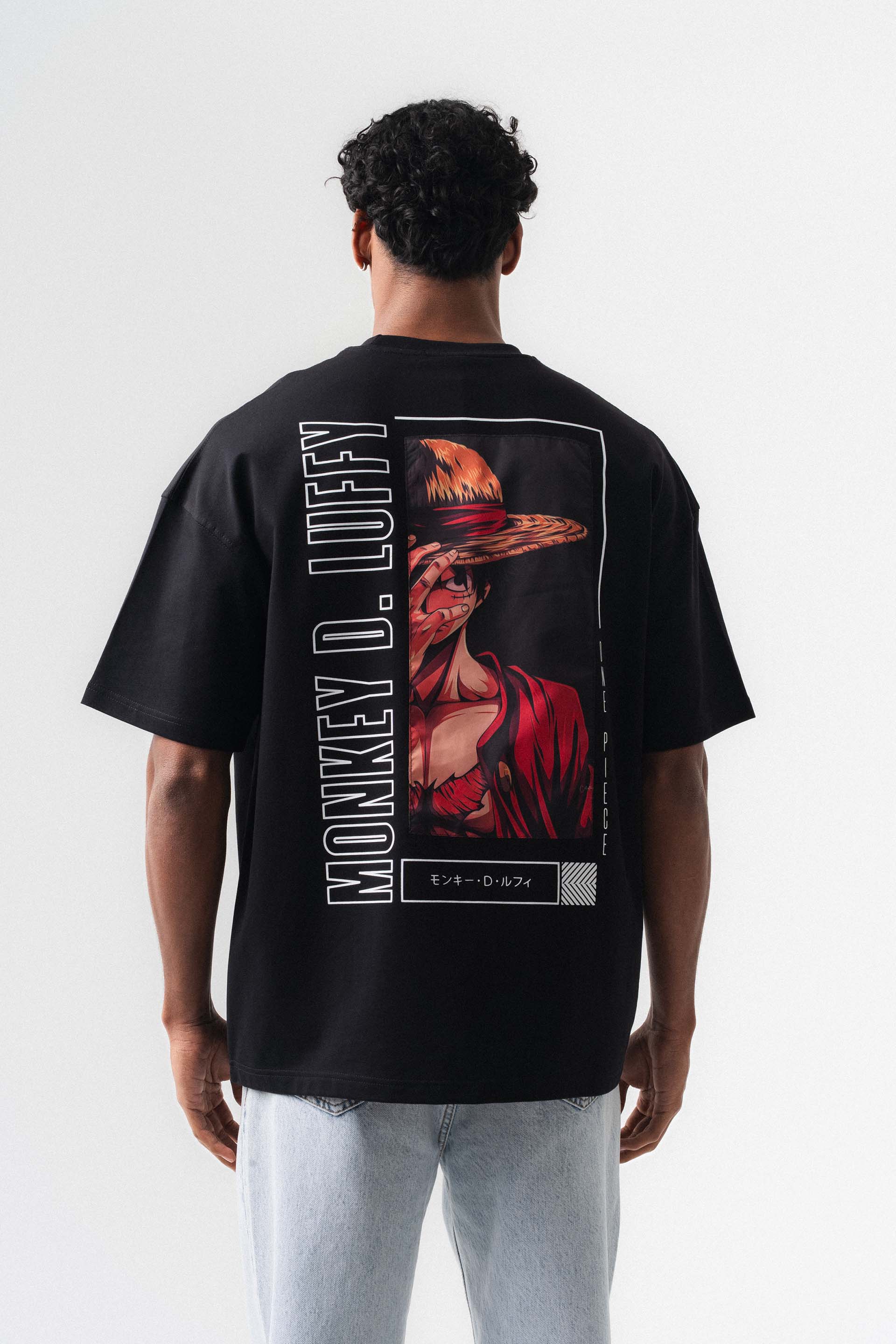 Monkey D-Luffy Baskılı Siyah Oversize Baskılı T-Shirt