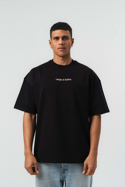 Motifli Nakış Detaylı Siyah Oversize Baskılı T-Shirt