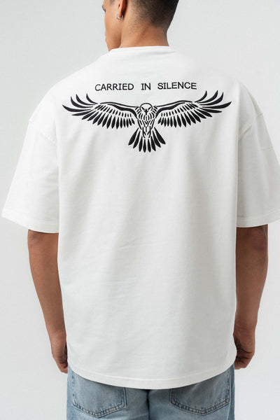 Motifli Nakış Detaylı Beyaz Oversize Baskılı T-Shirt